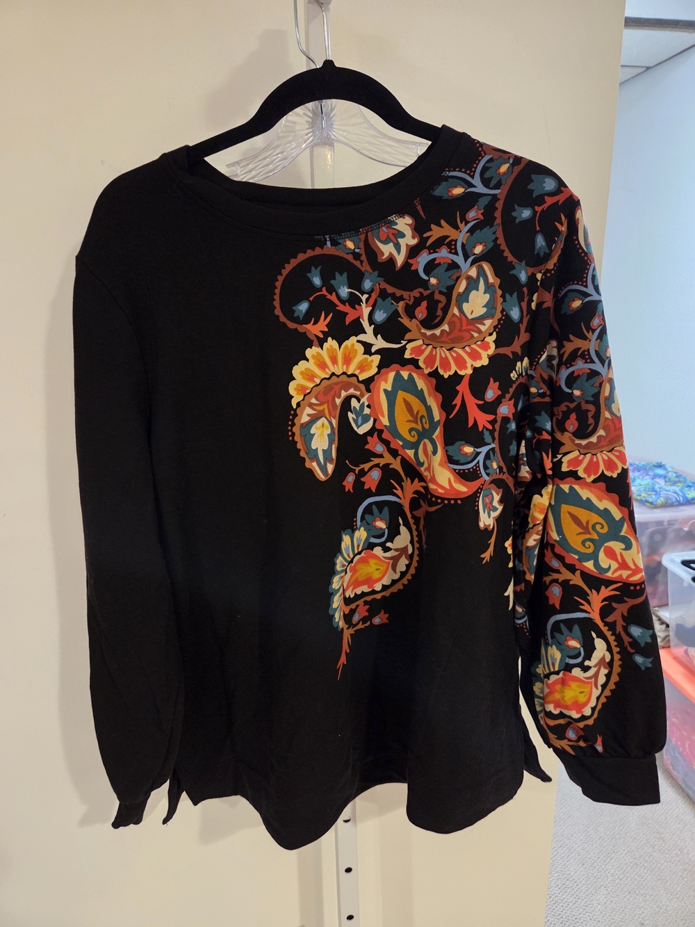 Chico's Black Sweatshirt with Colorful Paisley Accent